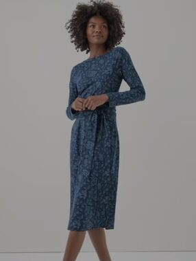 Pact Organic Cotton Navy Blue Floral Long-Sleeve Wrap Midi Dress Sz. L